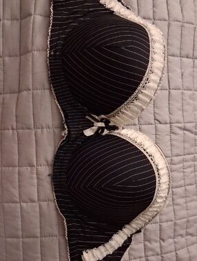 Black Pinstripe Bra with Cream Lace Trim - Women Intimates